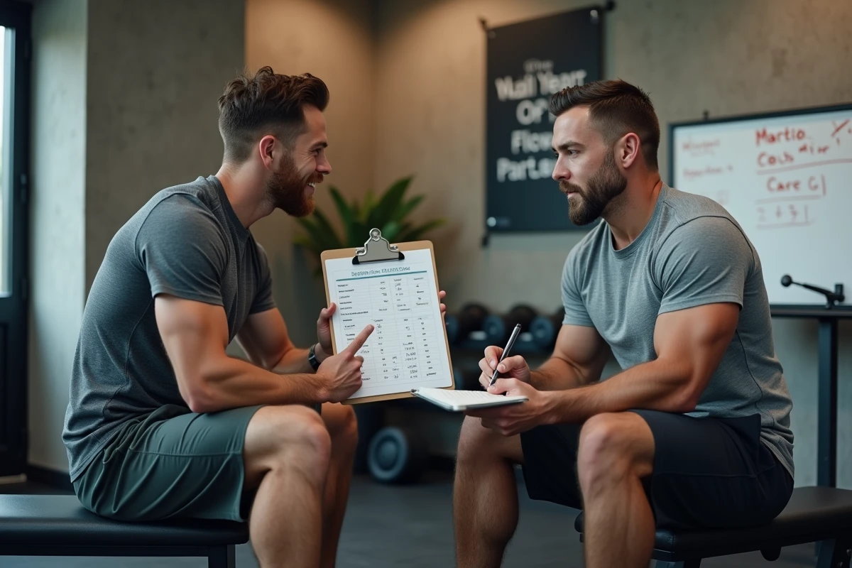 Coach sportif expliquant un plan nutritionnel Planete Muscle à un athlète lors d'une consultation personnalisée