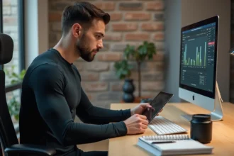 Homme consultant une application de fitness Planete Muscle sur tablette dans un bureau home gym moderne
