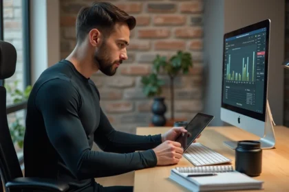 Homme consultant une application de fitness Planete Muscle sur tablette dans un bureau home gym moderne