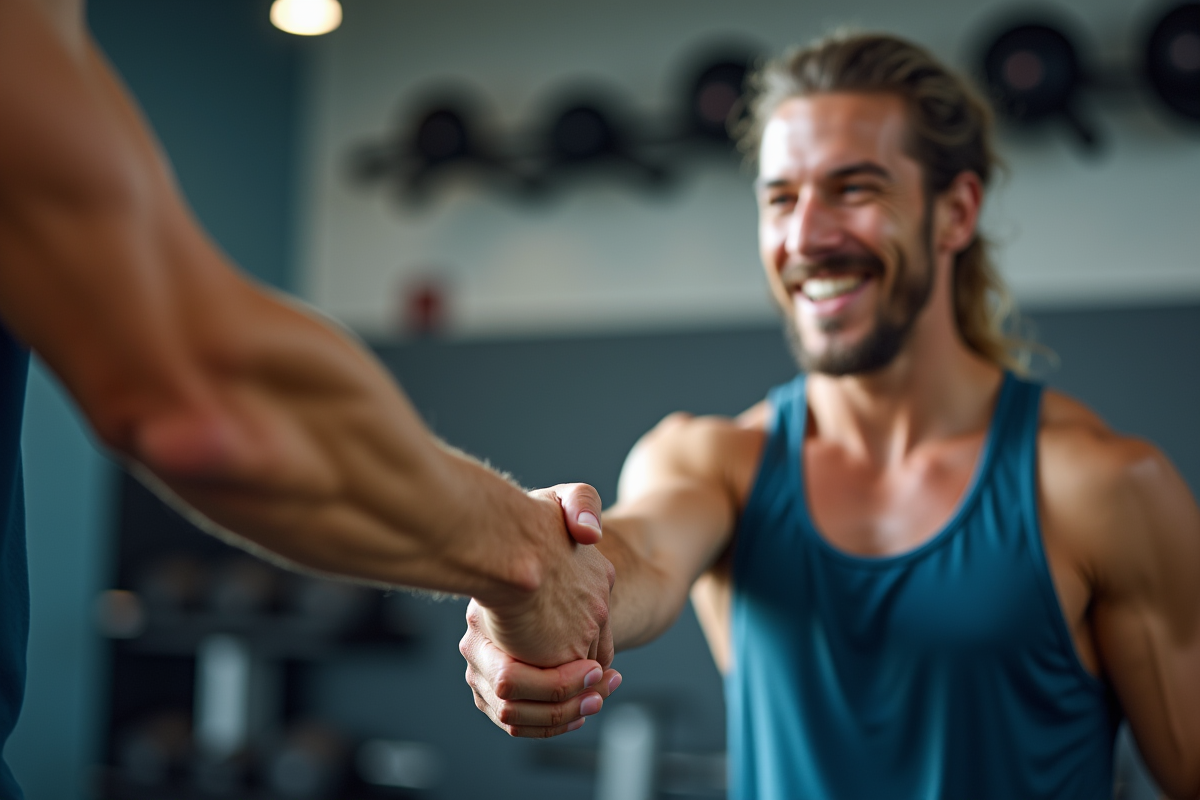 Poignée de main entre deux personnes souriantes en tenue de sport