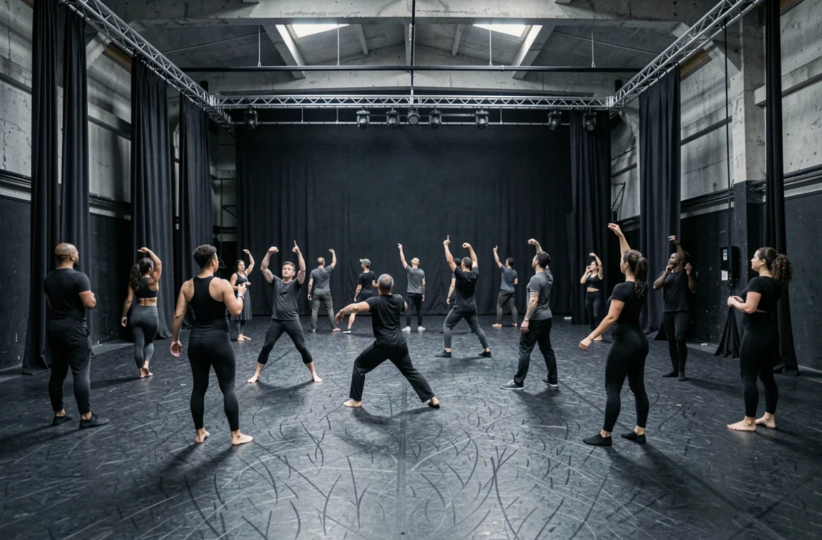 Compagnie de danseurs contemporains en répétition dans l'espace scénique du Pôle-Sud à Strasbourg, avec l'architecture industrielle du théâtre en fond