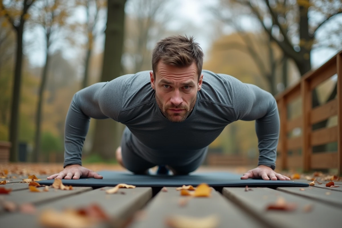 Athlète masculin réalisant une transition pompe-gainage lesté en extérieur sur une plateforme en bois entourée d'arbres