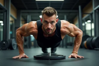 Homme musclé effectuant une pompe lestée avec une plaque de poids sur le dos dans une salle de sport professionnelle