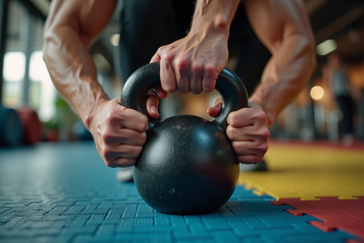 Mains saisissant un kettlebell avec muscles en effort dans une salle moderne