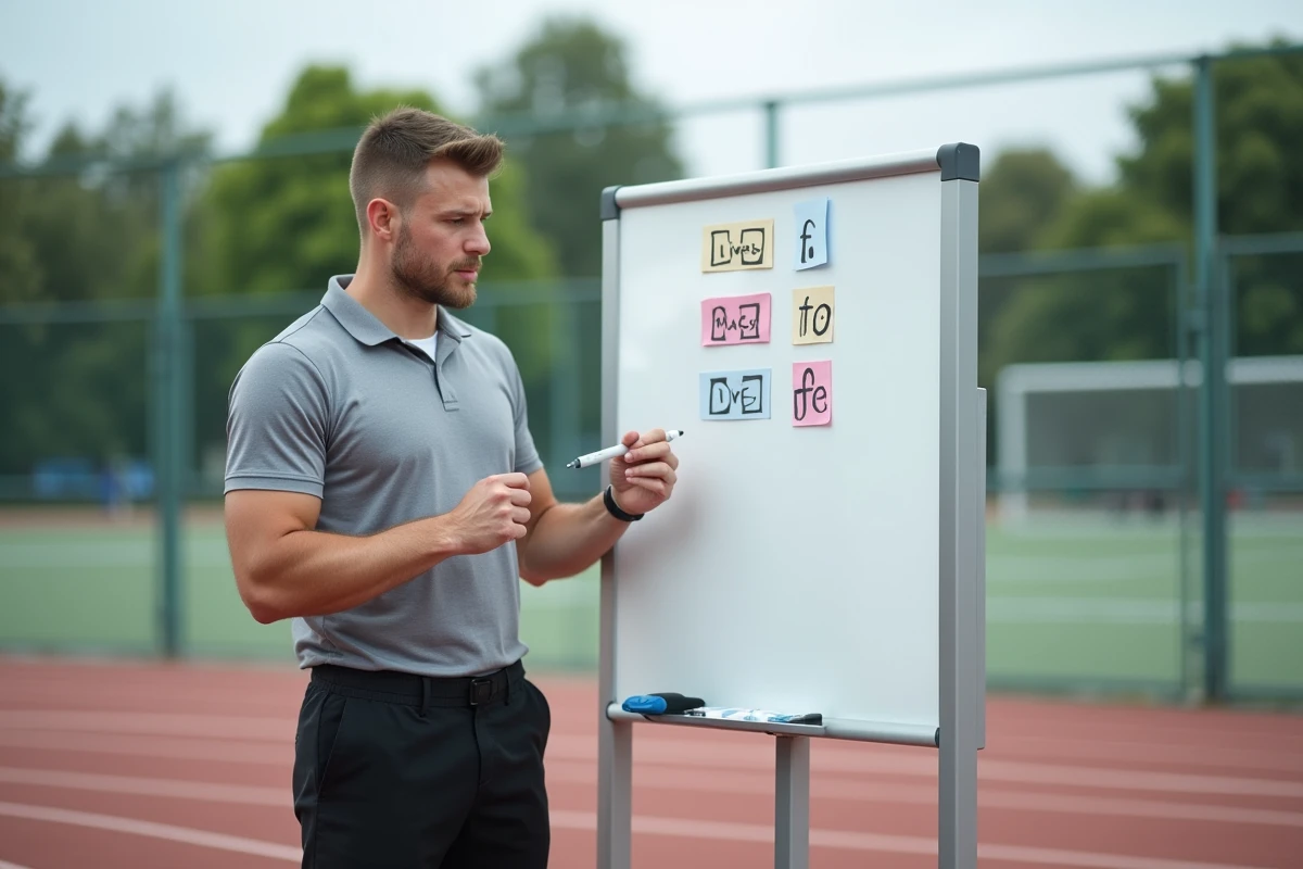 Professeur d'EPS devant un tableau de différenciation pédagogique sur un terrain sportif extérieur