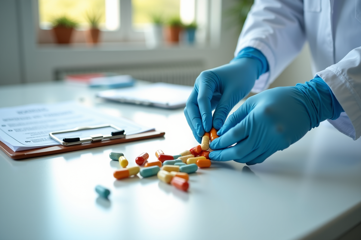 Mains en gants triant des capsules d