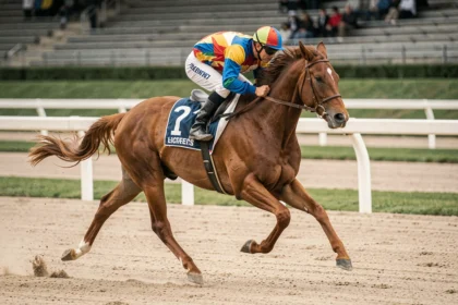 Pur-sang en plein galop sur un hippodrome avec jockey en selle, illustrant la vitesse maximale du cheval de course