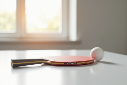 Raquette de ping-pong neuve sur table blanche avec balle
