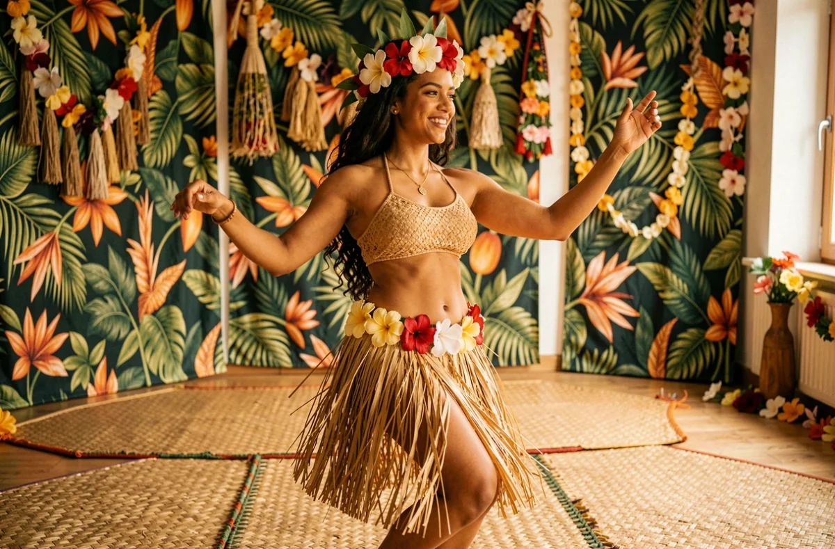 Danseuse de ori tahiti en costume traditionnel polynésien exécutant des mouvements de hanches caractéristiques au studio Ratere No Tahiti de Strasbourg