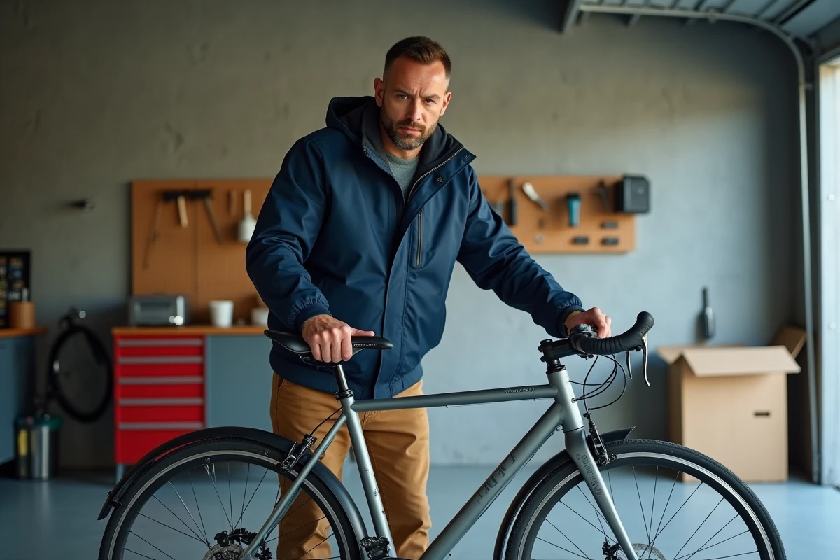 Homme adulte réglant la hauteur de selle d'un vélo de ville ELOPS 500 dans un garage résidentiel