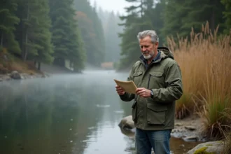 Pêcheur tenant sa carte de pêche 2026 au bord d'une rivière dans la forêt