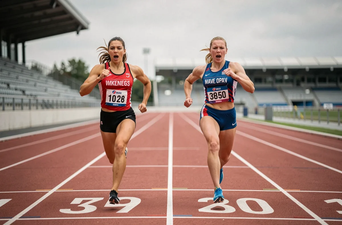 Deux sprinteuses d'élite s'affrontent en pleine course du 100 mètres féminin lors d'une compétition internationale sur piste, montrant une rivalité intense