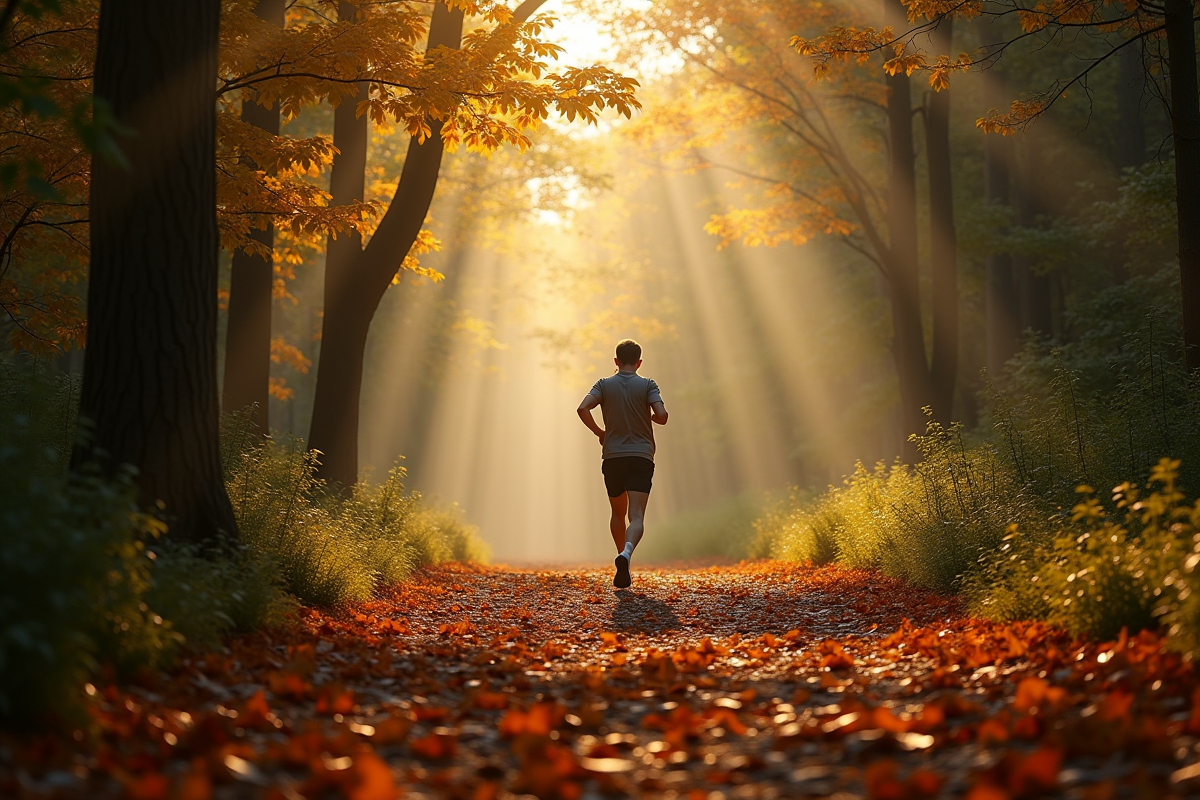 Coureur seul sur un sentier forestier au matin