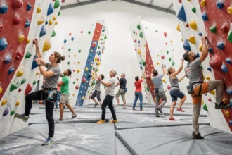 Vue d'ensemble d'une salle d'escalade moderne en Auvergne-Rhône-Alpes avec des grimpeurs sur des blocs colorés