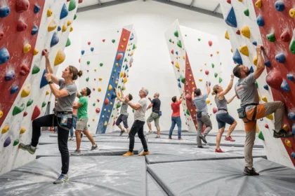 Vue d'ensemble d'une salle d'escalade moderne en Auvergne-Rhône-Alpes avec des grimpeurs sur des blocs colorés