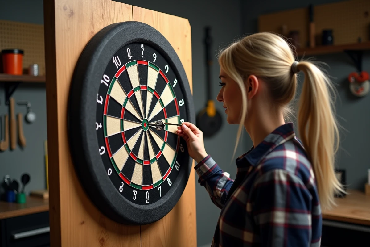 Femme inspectant un jeu de fléchettes correctement installé dans un garage aménagé avec zone de sécurité dégagée