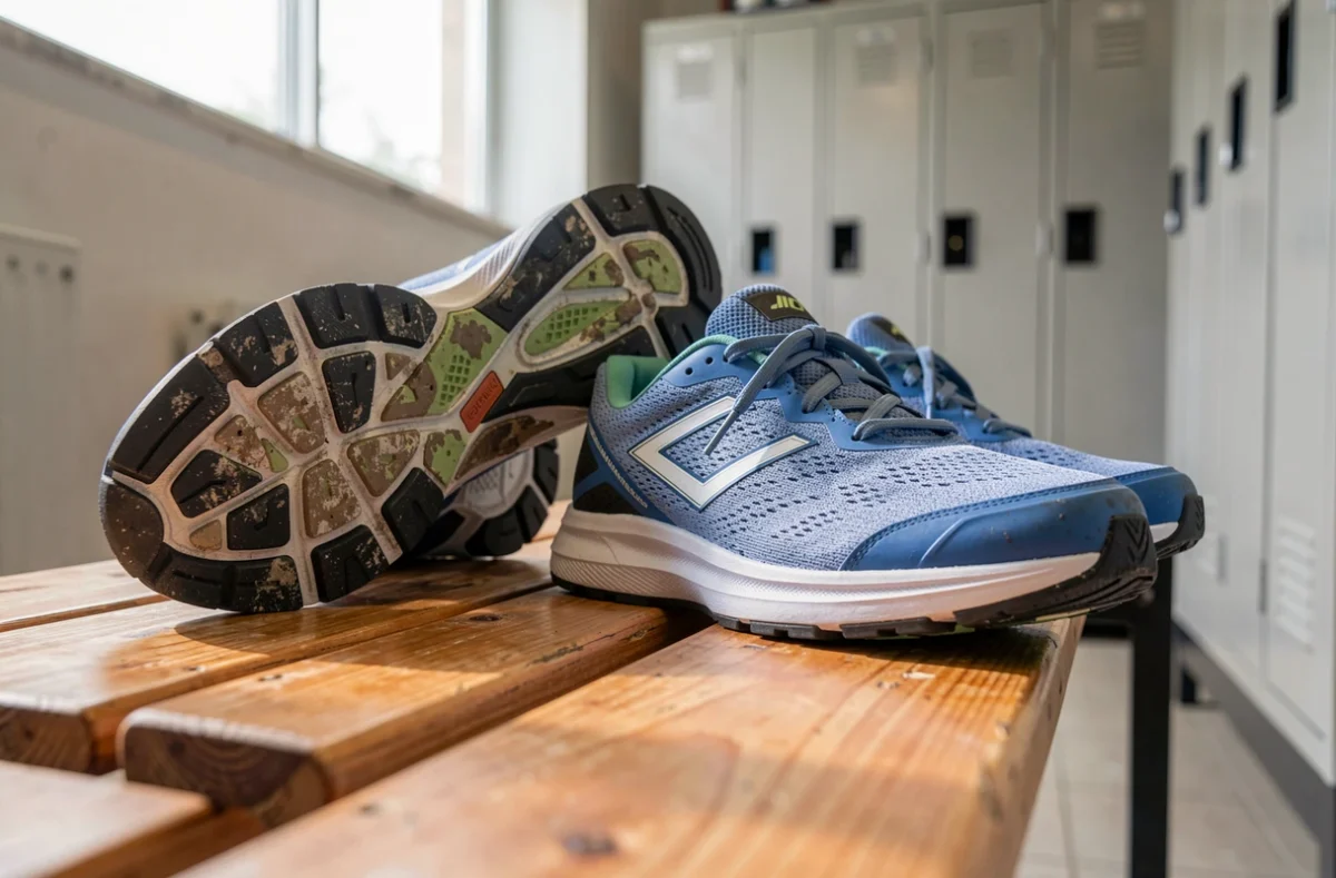Semelle usée d'une chaussure de sport à côté d'une paire neuve