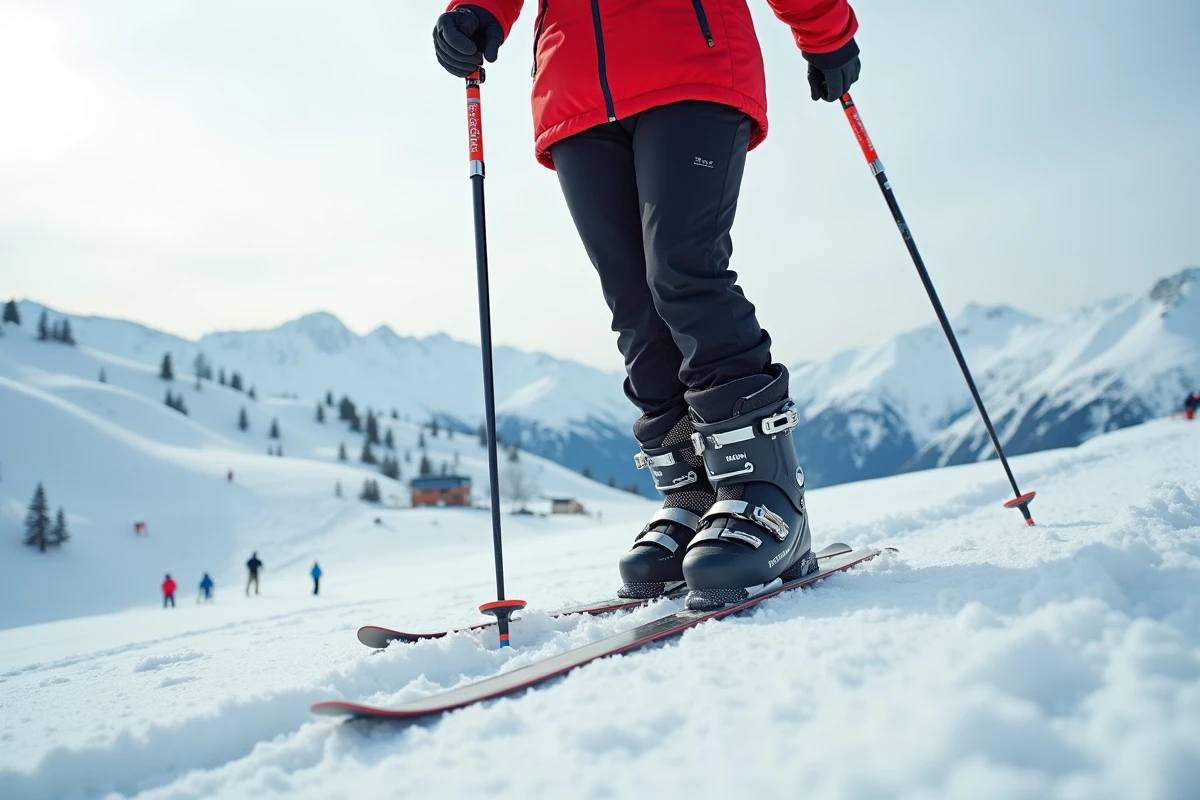 Skieuse en tenue complète avec chaussures de ski isolées au sommet d'une piste de montagne enneigée