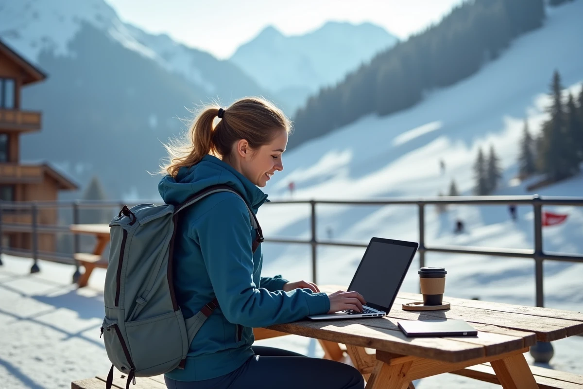 Skieuse comparant les tarifs et forfaits des Sept Laux sur ordinateur en terrasse de station