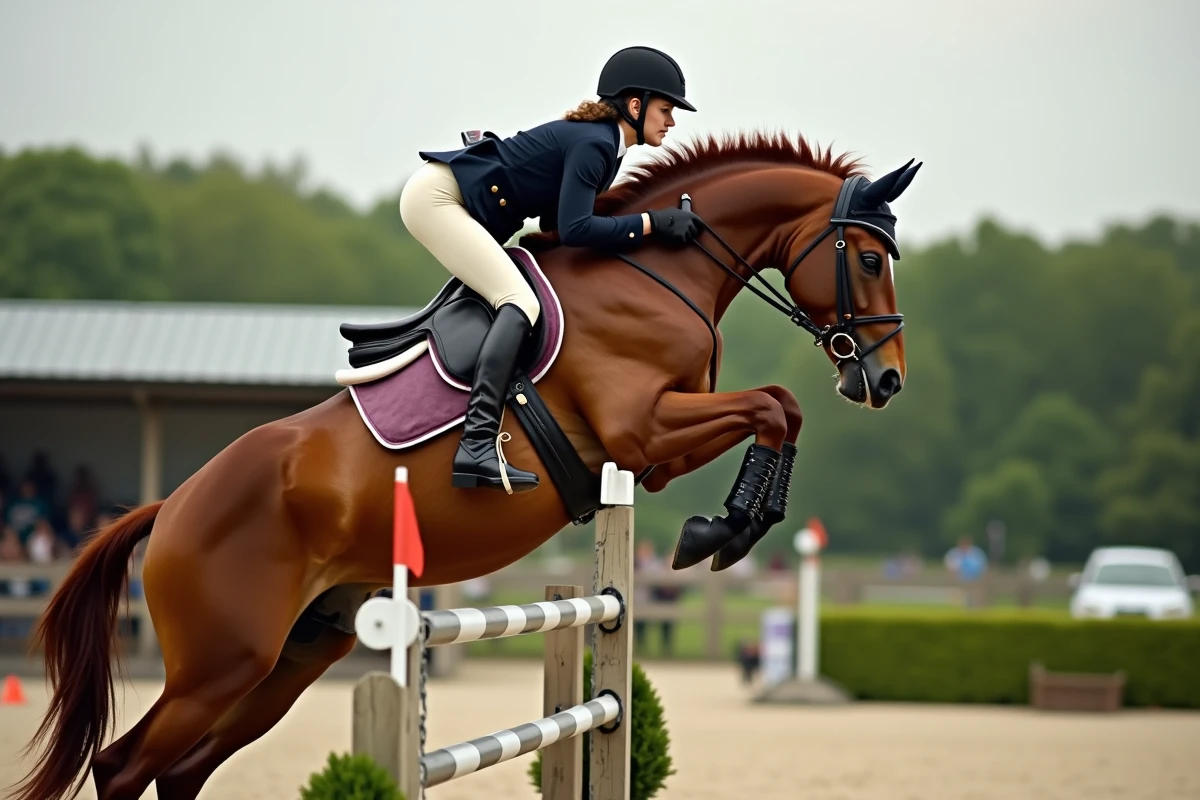 Cavalière franchissant un obstacle lors d'un concours hippique illustrant les risques du sport équestre