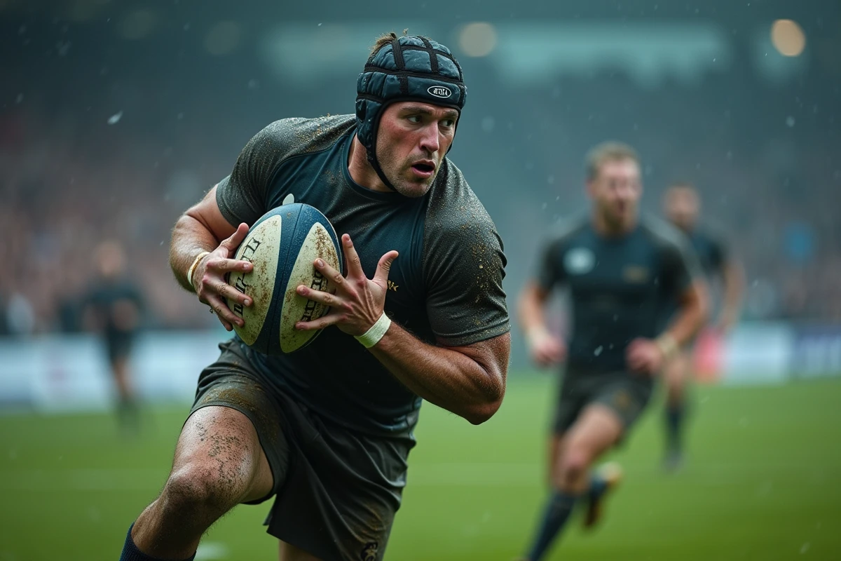 Joueur de rugby effectuant un plaquage sous la pluie illustrant la dangerosité des sports de contact