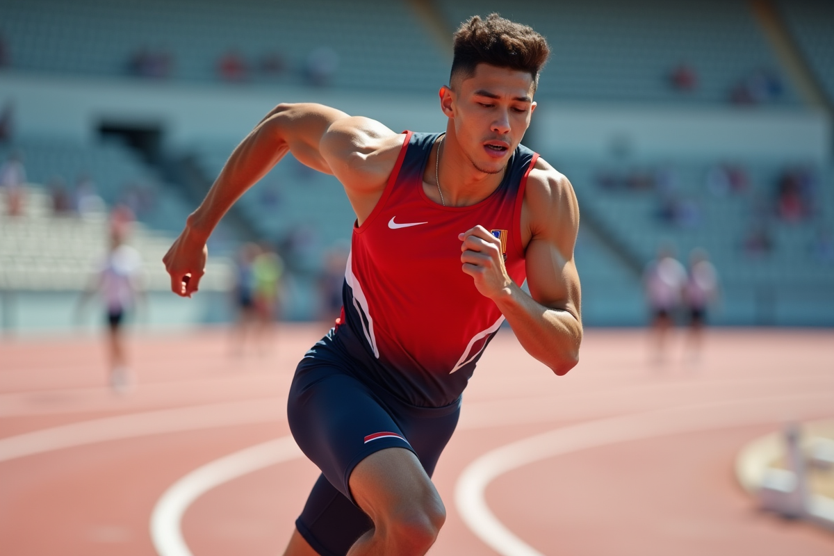 Jeune sprinteur masculin en pleine course sur piste extérieure