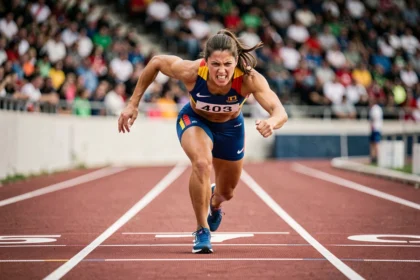 Sprinteuse de haut niveau jaillissant des starting-blocks sur une piste d'athlétisme rouge lors d'une compétition mondiale du 100 mètres féminin