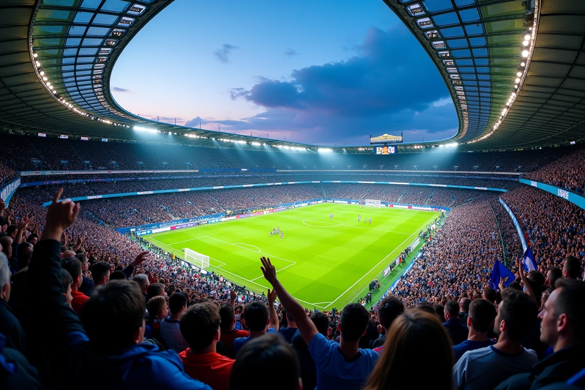 Vue panoramique du stade Vélodrome de Marseille rempli de supporters de l'OM brandissant des écharpes et des drapeaux lors d'un match crucial