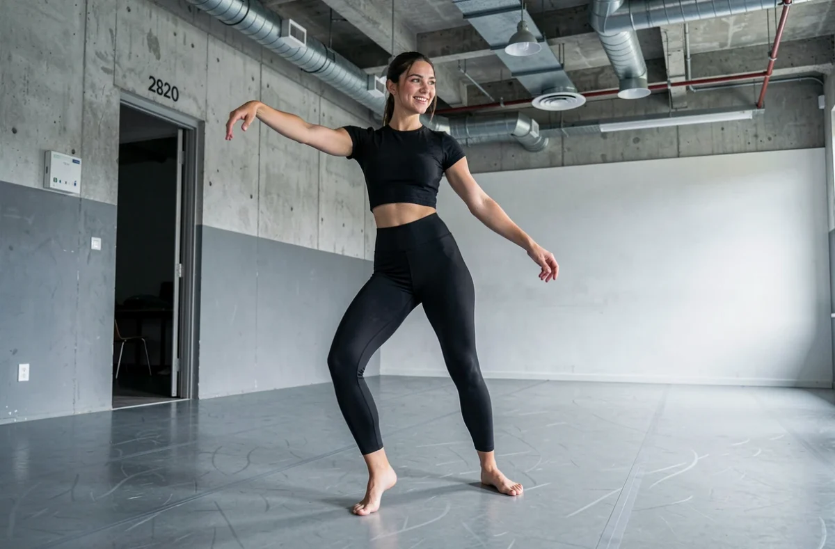 Danseuse de jazz contemporain en plein mouvement dans le Studio 511 à Reims, avec le décor industriel moderne du studio en arrière-plan