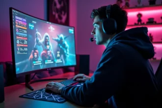Joueur de Valorant concentré devant son écran affichant son classement par acte avec des icônes de rang colorées