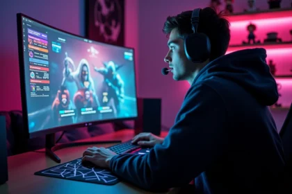 Joueur de Valorant concentré devant son écran affichant son classement par acte avec des icônes de rang colorées