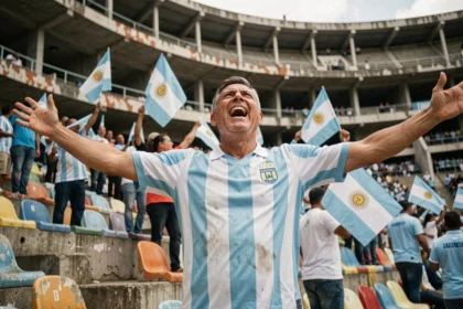 Supporter argentin en maillot vintage dans les tribunes d'un stade sud-américain, bras levés dans une expression de fierté nationale