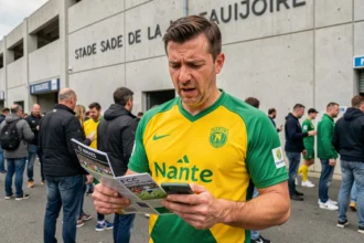 Supporter du FC Nantes en maillot jaune et vert devant le Stade de la Beaujoire avant un match, tenant le programme officiel