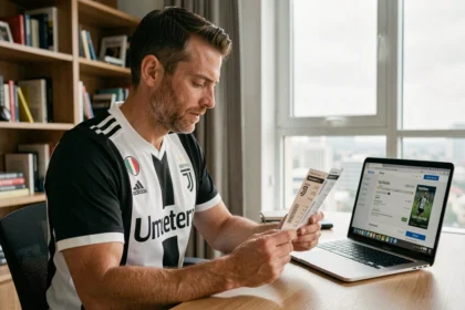 Supporter de la Juventus FC examinant ses billets de match devant un ordinateur portable dans un bureau à domicile