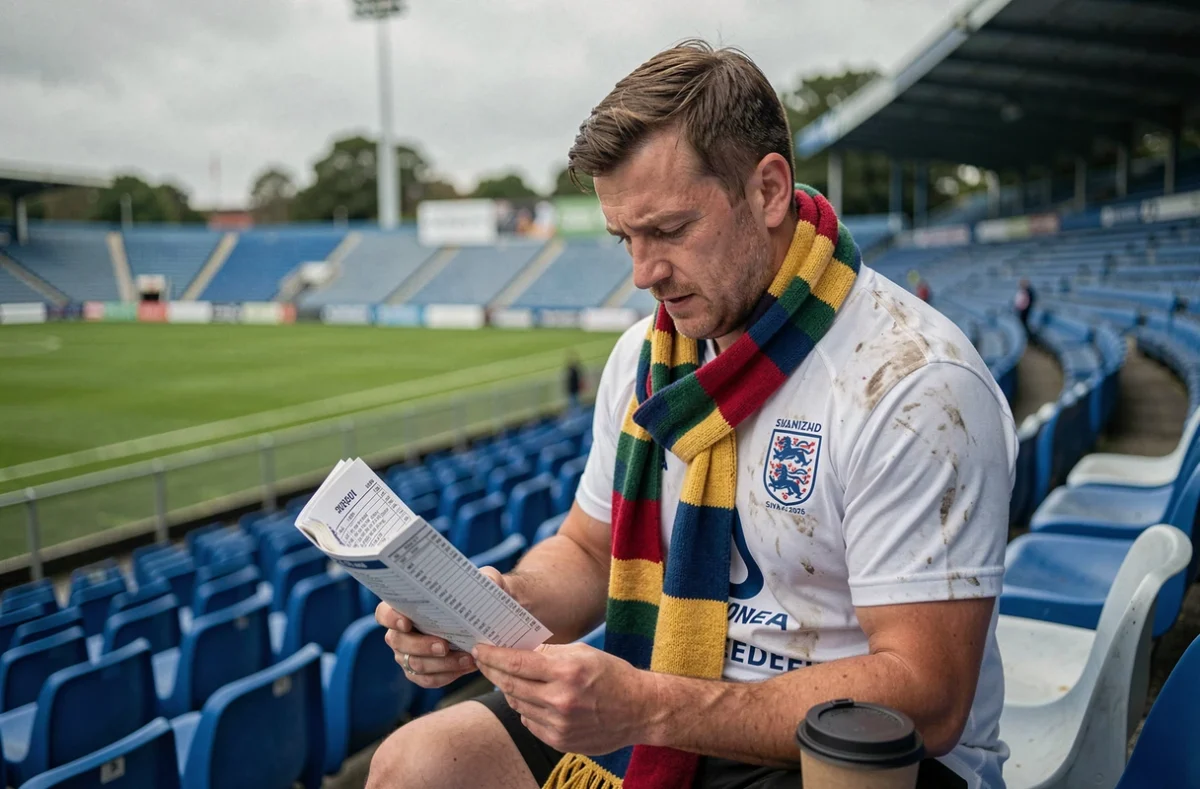 Supporter de rugby anglais consultant le programme du Tournoi des 6 Nations 2026 dans un stade vide