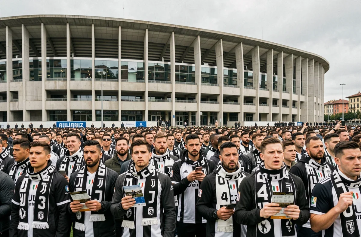 Supporters de la Juventus FC devant l'Allianz Stadium de Turin avec billets et smartphones en main