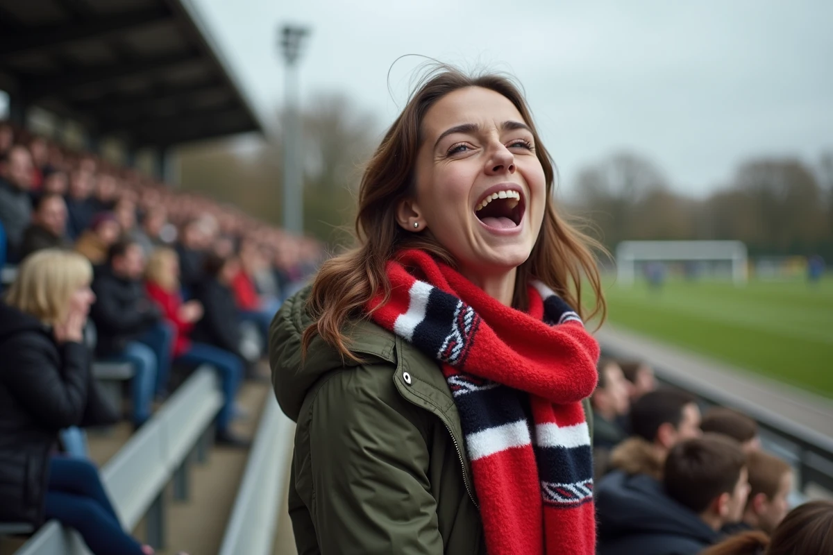 Supportrice enthousiaste dans les tribunes d'un match de football du district de la Sarthe portant un écharpe de club