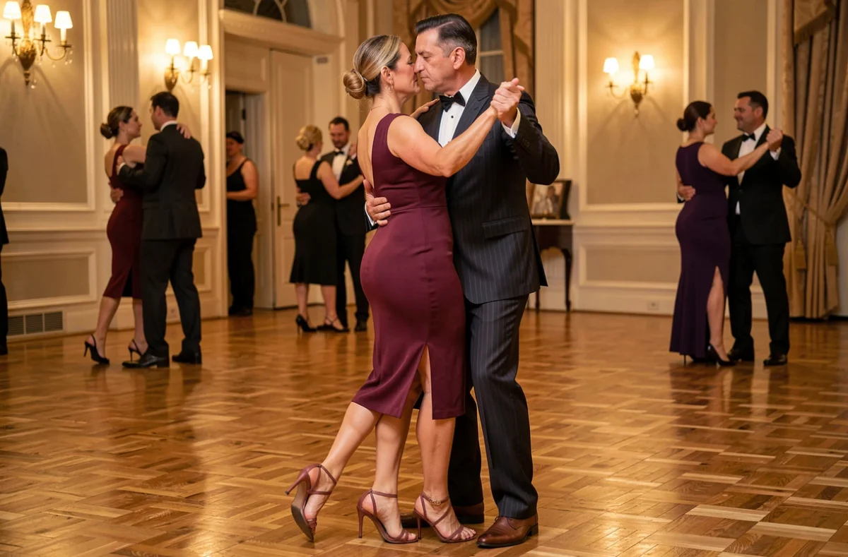 Couple de danseurs en train d'exécuter un tango argentin dans une salle élégante de Metz, illustrant la technique d'abrazo et la passion de cette danse