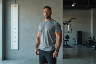 Homme musclé mesuré contre un tableau de tailles en unités américaines et européennes en salle de fitness