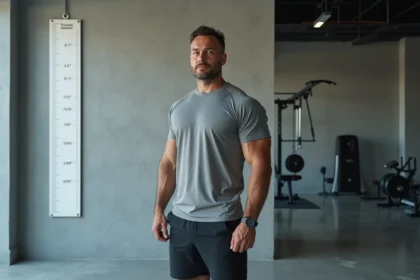 Homme musclé mesuré contre un tableau de tailles en unités américaines et européennes en salle de fitness