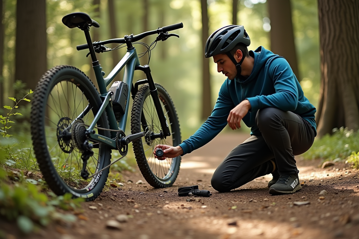 Vélotrotteur vérifiant la pression de son pneu en forêt