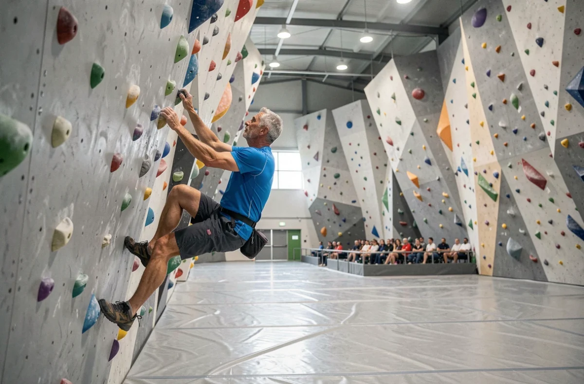 Grimpeur en action sur les grandes parois de Vertical'Art Saint-Priest