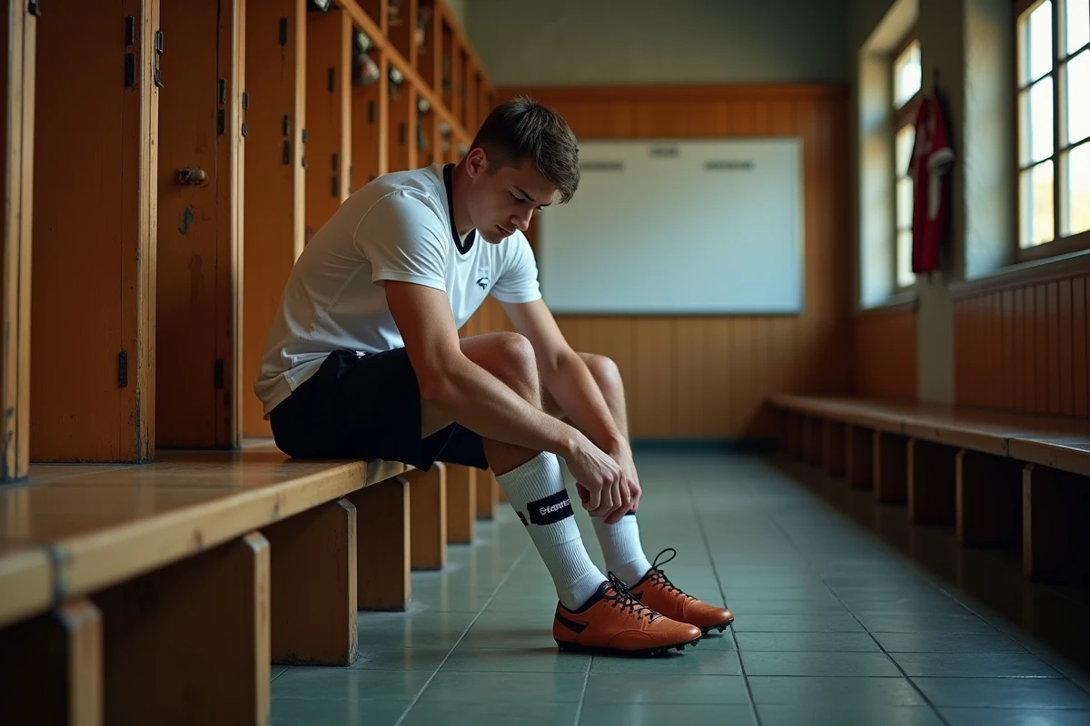 Jeune footballeur dans un vestiaire vendéen lacant ses chaussures avant un match, ambiance club amateur authentique