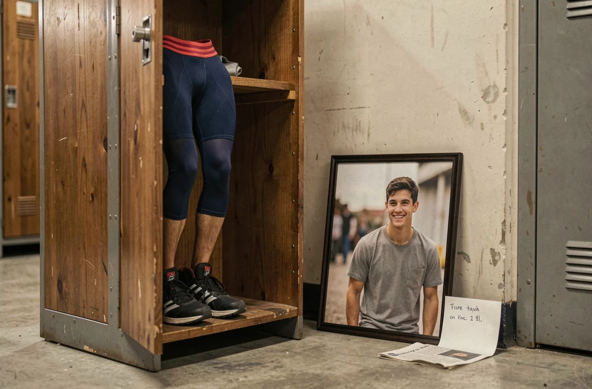 Vestiaire de catcheur avec un casier ouvert présentant une tenue de ring et une photo encadrée d'un jeune athlète en hommage à Reid Fliehr