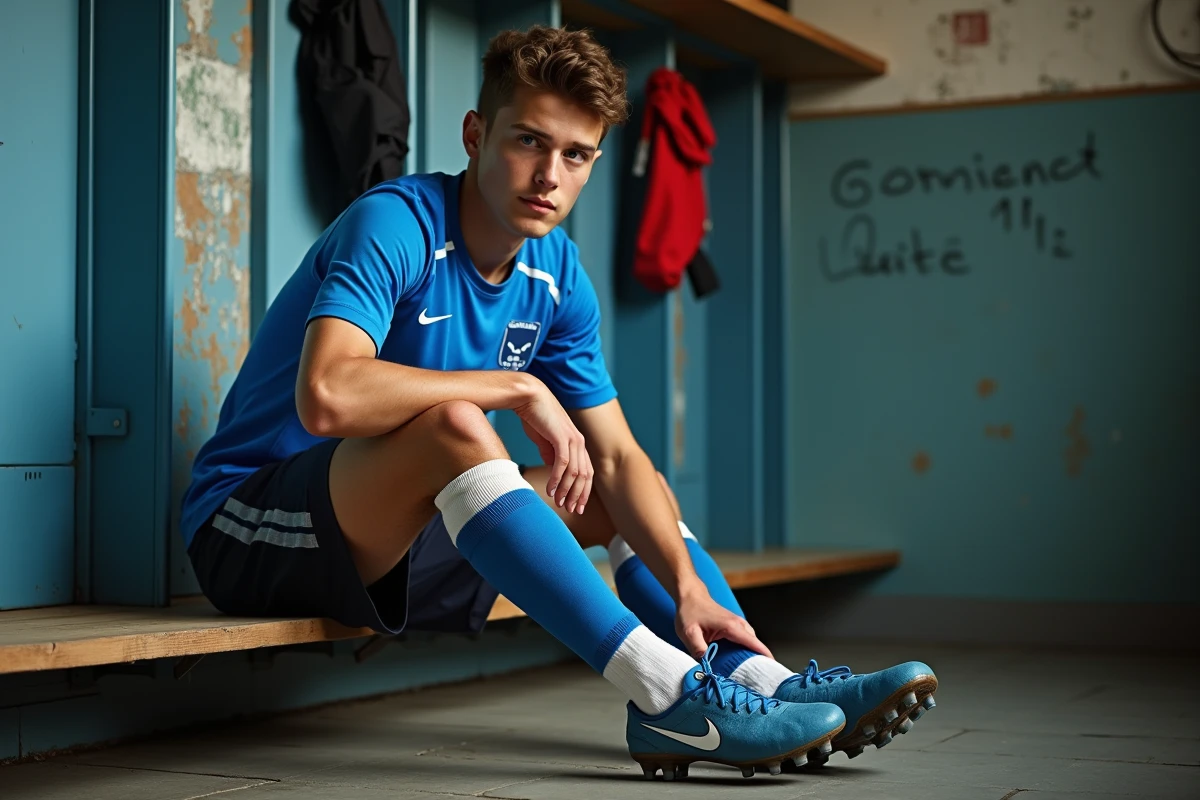 Jeune footballeur du Sporting Club Aubagne Air Bel se préparant dans les vestiaires avant un match